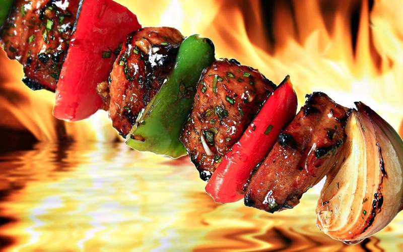 flame, skewer, 1080P, wellbeing, backgrounds, kebabs, roasted, heat - Temperature, barbecue Grill, burning, gourmet, summer, grilled, fire, dinner, vegetables