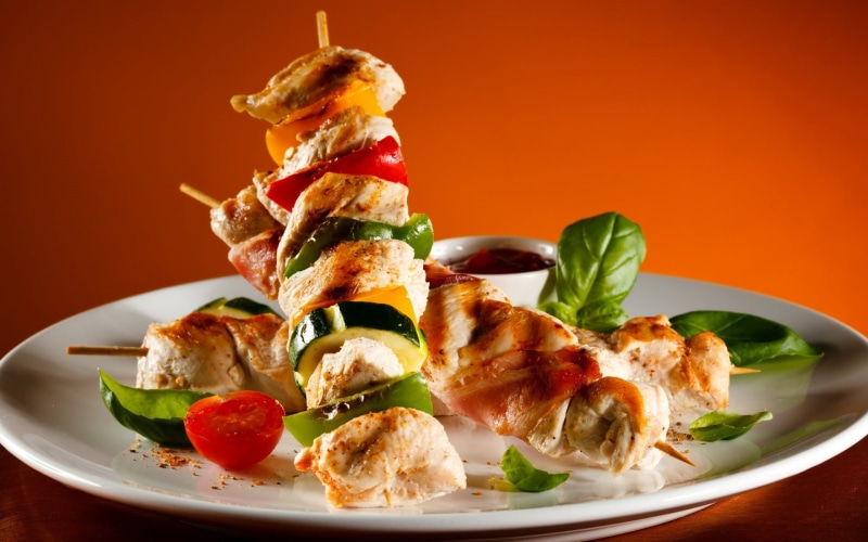 serving size, basil, leaf, restaurant, shish kebab, cook, spice, roasted, red, healthy Eating, slice, food And Drink, still life, 1080P, vegetables, bread