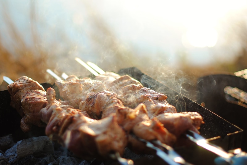 outdoors, preparing food, food and drink, fried meat, closeup, tasty, fried, wellbeing, food, picnic, mangal, close-up, vacation, kubny plan, skewer, grilled
