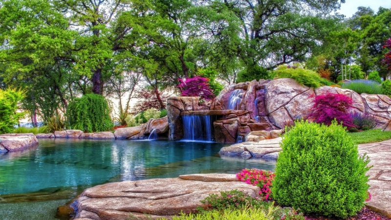 water, plant, nature, trees, lake, garden, waterfall, 1080P