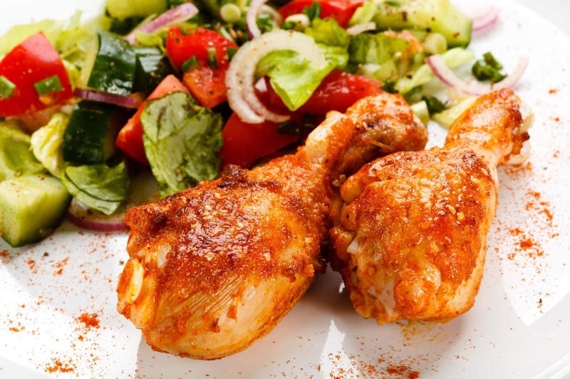white Meat, freshness, red, plate, gourmet, dinner, cooking, ready-to-eat, lettuce, onion, still life, refreshment, food And Drink, salad, close-up, tomato