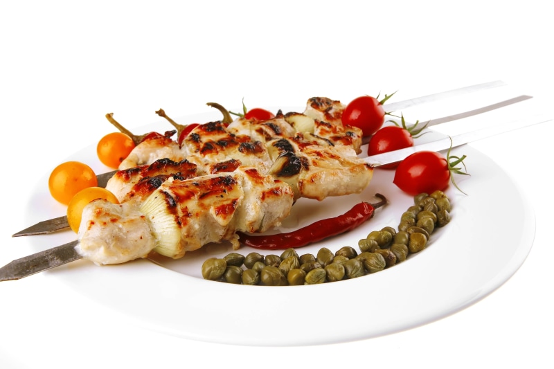 kebab, studio shot, serving size, crockery, crustacean, still life, spice, kitchen utensil, 4K, white background, grilled, dish, meat, salad, freshness