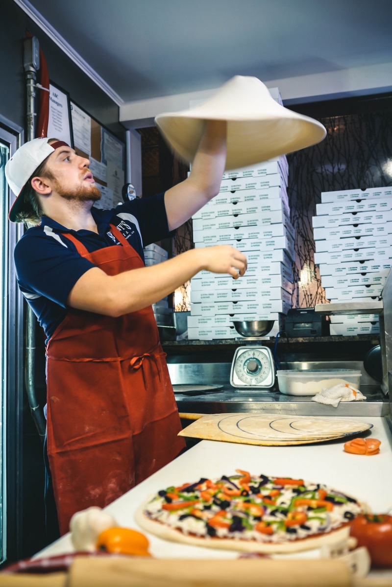 food, preparing food, man, dough, standing, men, indoors, kitchen, real people, mid adult men, working, chef, food and drink establishment, 5K, occupation