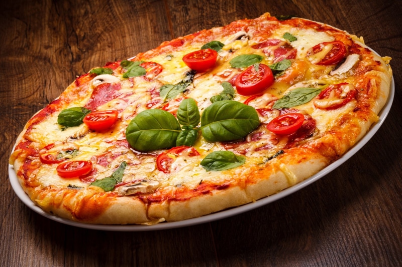 mozzarella, wood - material, indoors, no people, dairy product, fruit, table, pepperoni, Pizza, herb, Tomato, 1080P, take out food, italian food, vegetable