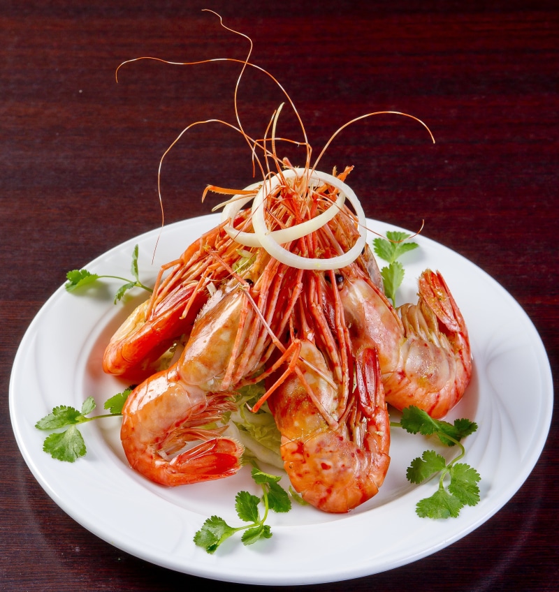 shrimps, freshness, korean food, healthy eating, meat, garnish, restaurant, high angle view, red, for gourmets, meal, korean cuisine, plate, white color