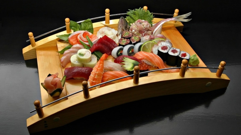 seafood, vegetable, wood - material, shrimp, high angle view, wellbeing, no people, 1080P, tray, salmon, healthy eating, japanese food, sashimi, raw food