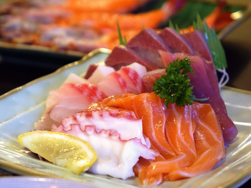 salmon fish, japanese, seafood, food, selective focus, freshness, fruit, sliced, lemon, 4K, food and drink, octopus, close-up, gourmet traditional, vegetable