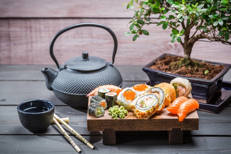 prepared Shrimp, plant, tray, japan, cooking, freshness, kitchen utensil, still life, healthy Eating, kettle, soy sauce, table, food, tree, lunch, 5K