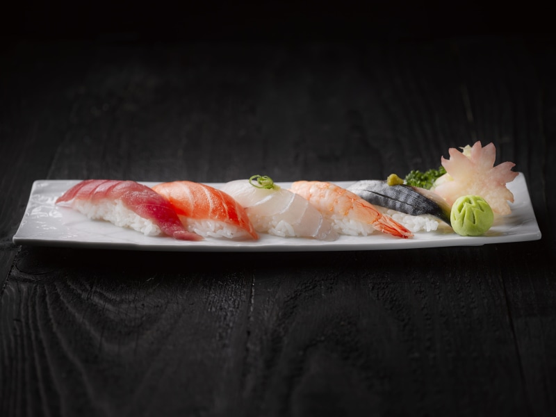 healthy eating, plate, rice, cuisine, black background, ready-to-eat, meat, japanese food, epicure, close-up, sushi, delicious, food, sashimi, dinner, 5K