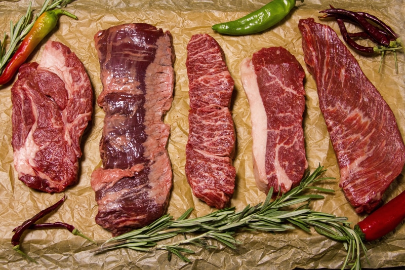 crockery, still life, raw food, healthy eating, indoors, vegetable, freshness, food, meat, directly above, no people, steak, high angle view, preparing food