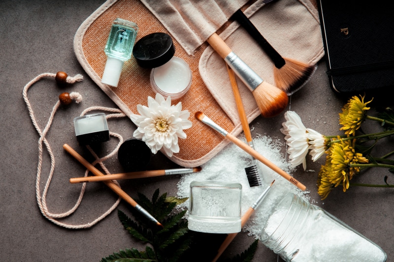 Beauty, close-up, Flatlay, Cosmetics, high angle view, flowering plant, table, choice, indoors, product, directly above, plant, kitchen utensil, brush