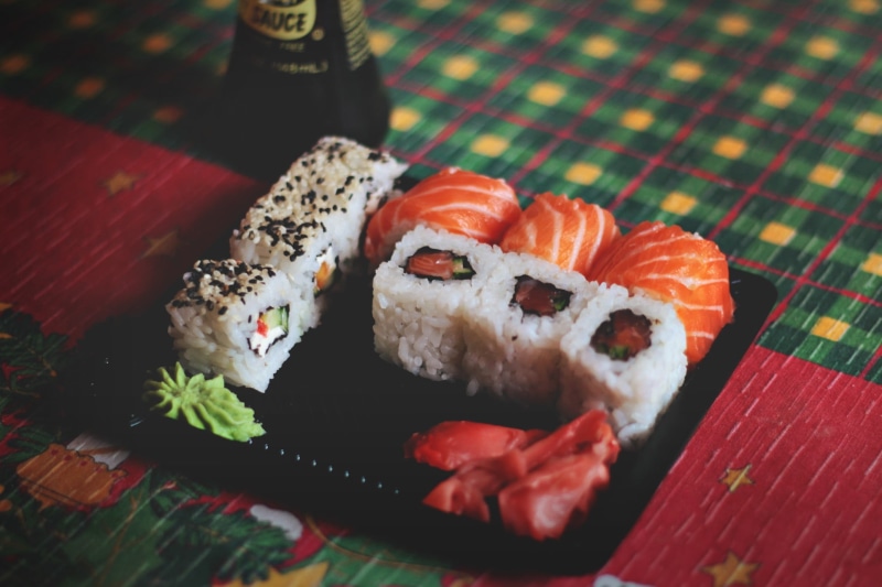 asian food, japanese food, rice, tray, food, sashimi, seafood, close-up, still life, platter, plate, wellbeing, salmon - seafood, ready-to-eat, salmon