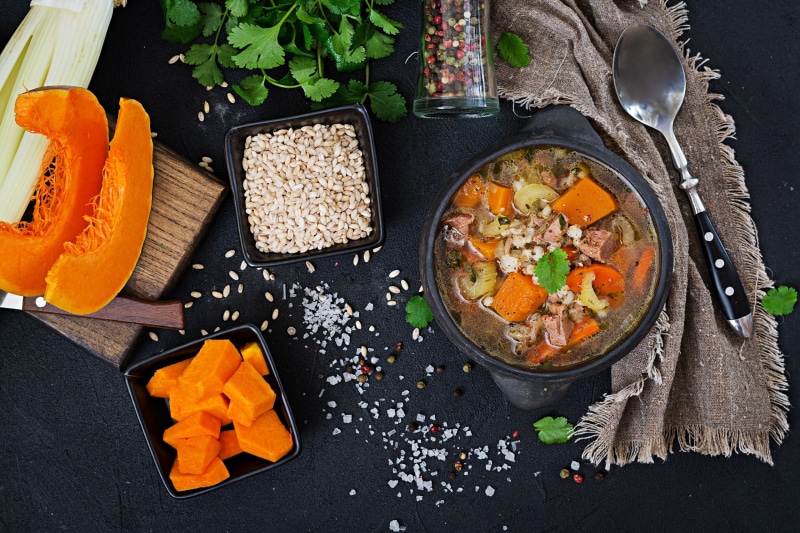 squash, spoon, 2K, parsley, soup, knife, Pepper, salt, food, rice, cutting board, celery