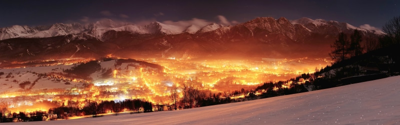landscape, lights, glowing, winter, valley, multiple display, night, dual monitors, Poland, 4K, mountains