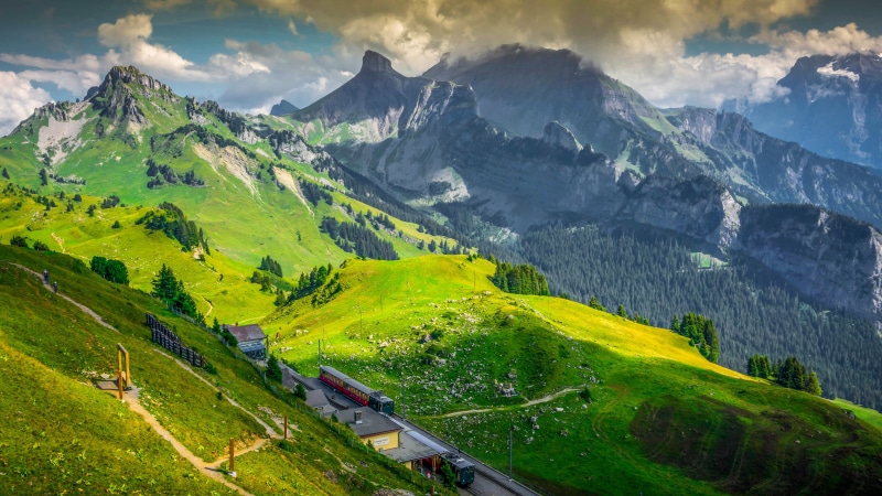 mountain pass, mountain range, grassland, hill station, schwarzhorn group, sky, valley, highland, bernese highlands, alps, europe, wilderswil, mountain