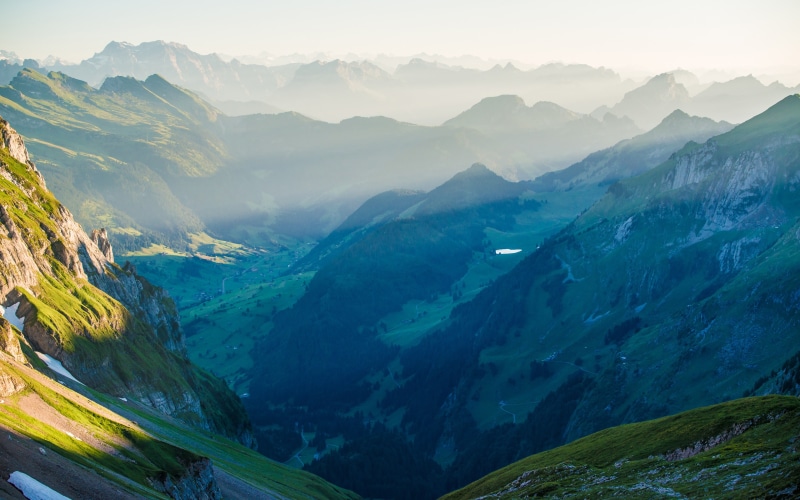 mountain peak, forest, outdoors, mist, tranquility, idyllic, mountains, beauty in nature, scenics - nature, mountain pass, 2K, no people, Switzerland