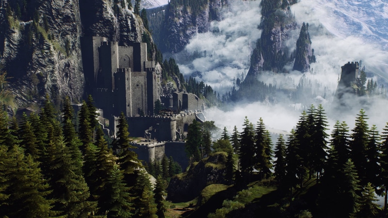 sky, landscape, architecture, tree, pine tree, coniferous tree, day, nature, outdoors, green, The Witcher 3: Wild Hunt, The Witcher, mountain, mountains