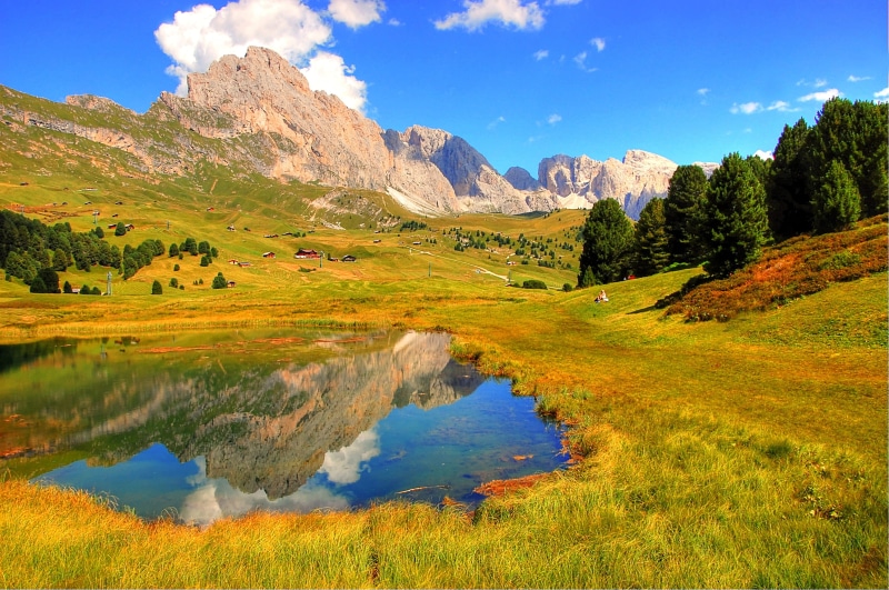 hill, mountain range, 2K, valgardena, unesco world heritage, mountain, alpine, forest, blue, mood, meadow, water, south tyrol, cloud - sky, near, mountain hut