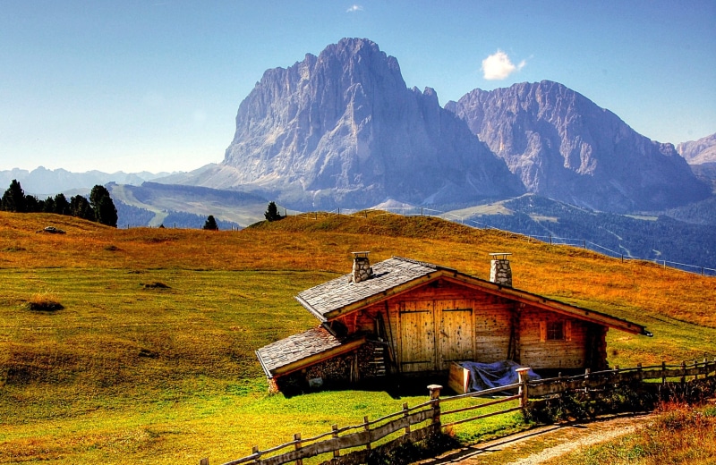 landscape photography, alpine, wooden, tranquil scene, rock, beside, alm, south tyrol, summer, photography, outdoors, blue, 1080P, plant, built structure