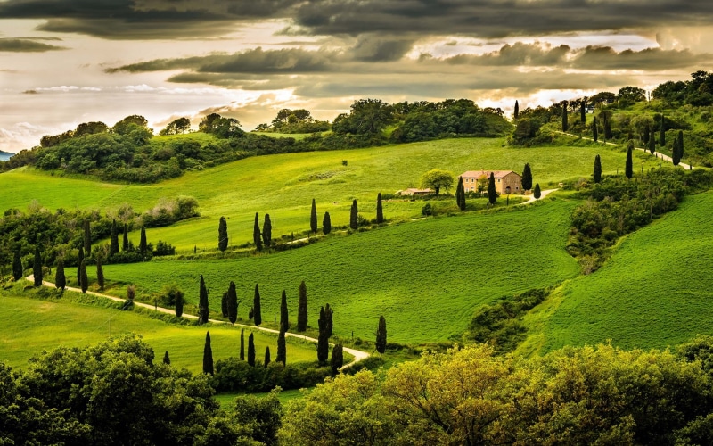 field, Landscape, Umbria, Sky, 1080P, Italy, House, Green, Trees, Clouds, Nature, Hill