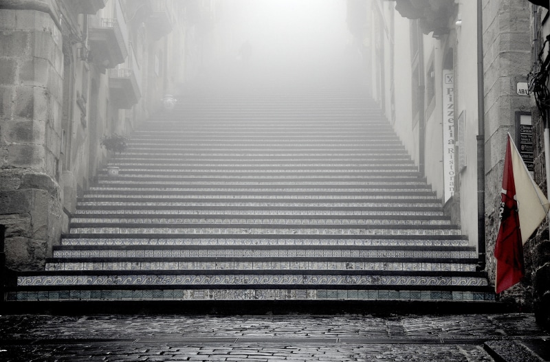 diminishing perspective, upward, direction, up, steps, stairway, illuminated, stones, stair, stairs, temple, the past, 4K, building, railing, walls, indoors