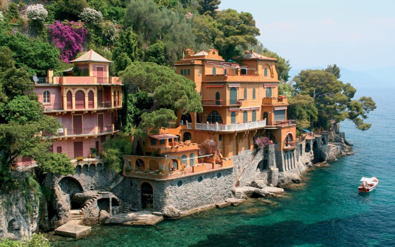 beautiful, buildings, portofino, bay, rocks, 2K, water, along, trees, lovely, view, italy, architecture