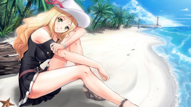 sitting, shore, girl, sea, illustration, anime, lovely anime girls, beach, character, 1080P, girls, along, haired, female, lovely, cartoon, yellow
