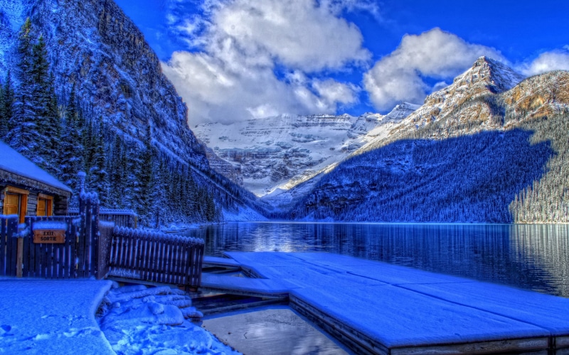 House, National, mountain, body, Snow, Canada, white, 2K, Banff, along, water, Park, brown, Lake, Winter, Alberta