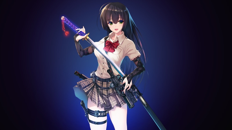 green eyes, weapon, 4K, sword, long hair, original characters, anime, anime girls, skirt