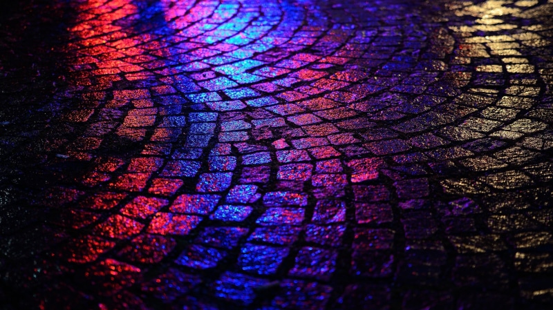 purple, night, creativity, cobblestone, road, floor, bark, red, yellow, nature, selective focus, 2K, close-up, pavements, outdoors, backgrounds, abstract