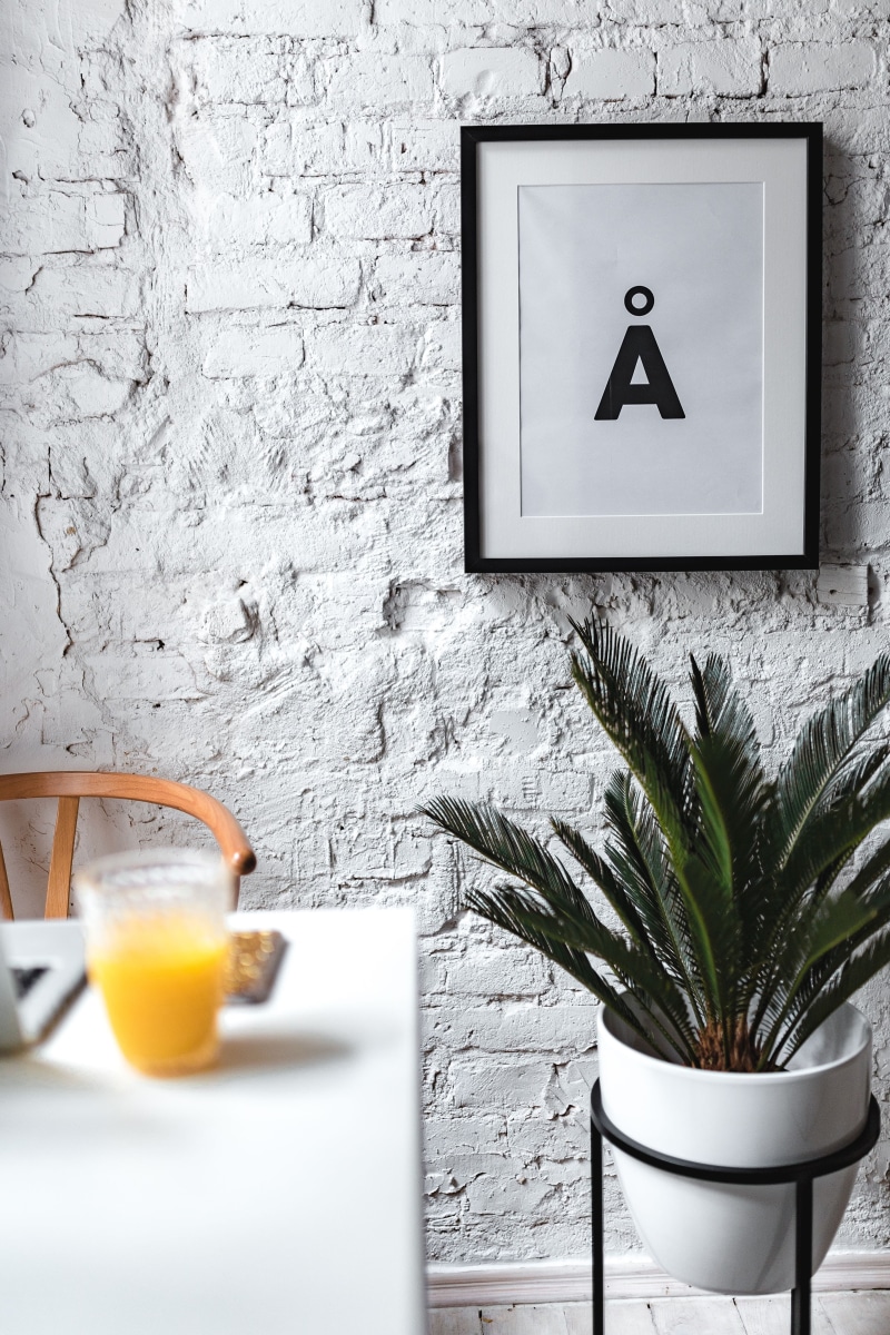wooden floor, day, food and drink, brick wall, potted plant, design, scandinavian, marble, drinking glass, modern, scandi, domestic Room, orange juice