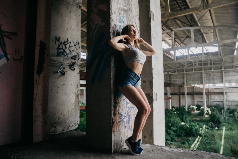 jean shorts, blonde, women, sneakers, closed eyes, armpits, 2K, brunette, belly, tank top, abandoned