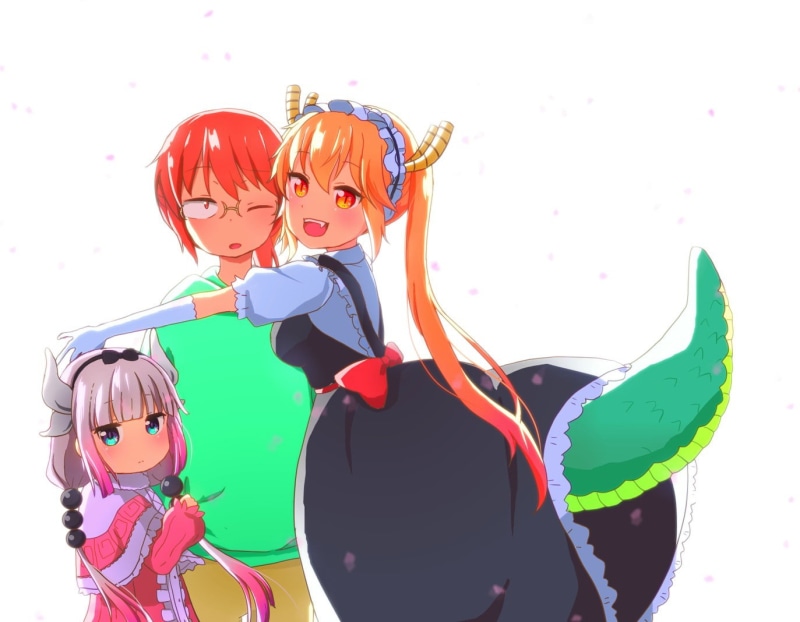 females, togetherness, boys, anime girls, two people, Kanna Kamui (Kobayashi-san Chi no Maid Dragon), white background, studio shot, multi colored, childhood