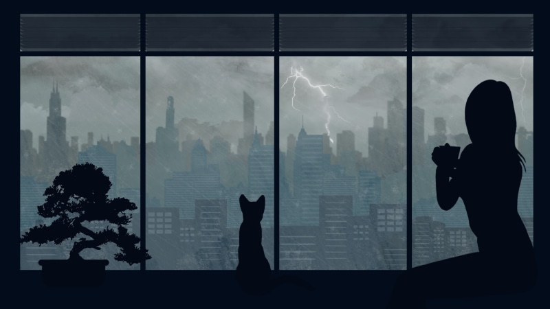 anime art, silhouette, lightning, darkness, window, shadow, anime girl, glass, 1080P, cat, cloud