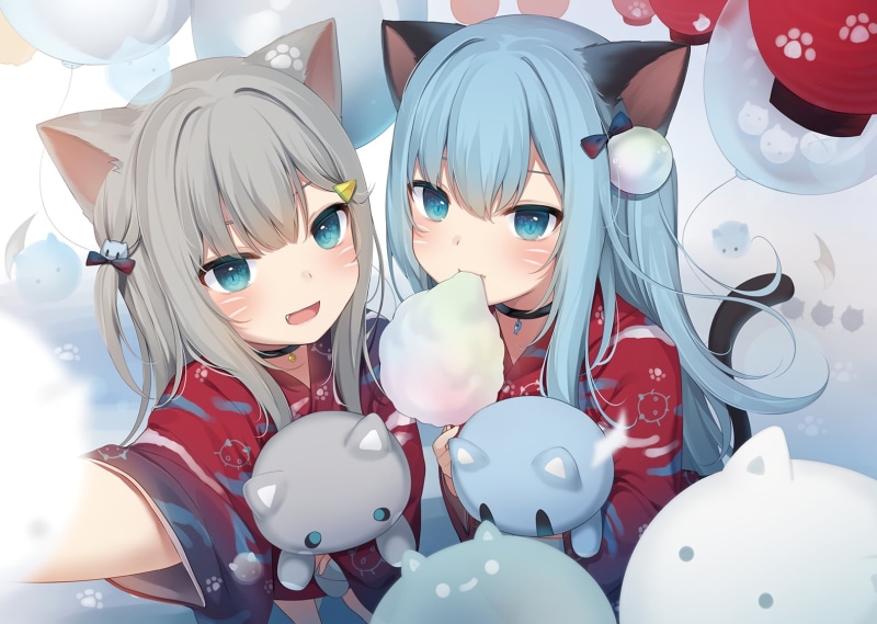 blue hair, food, gray hair, nekoha shizuku, Fang, blush, cat girl, nacho neko, long hair, 720P