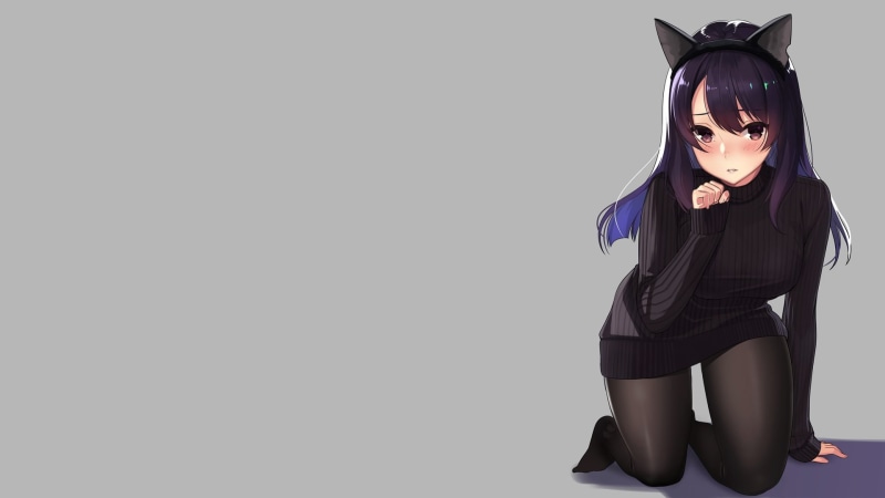 simple background, nekomimi, minimalism, long hair, cat ears, anime girls, looking at viewer, manga, tights, anime, pantihose, 1080P, purple hair