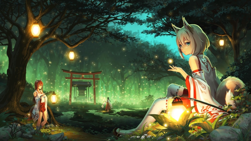 kimono, anime girls, 2K, forest, cat ears, fireflies