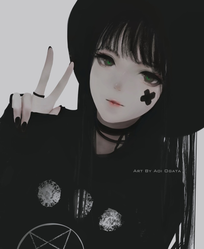 hate, chan, Black Hair, Peace Sign, women, hat, artwork, 1080P, Aoi Ogata