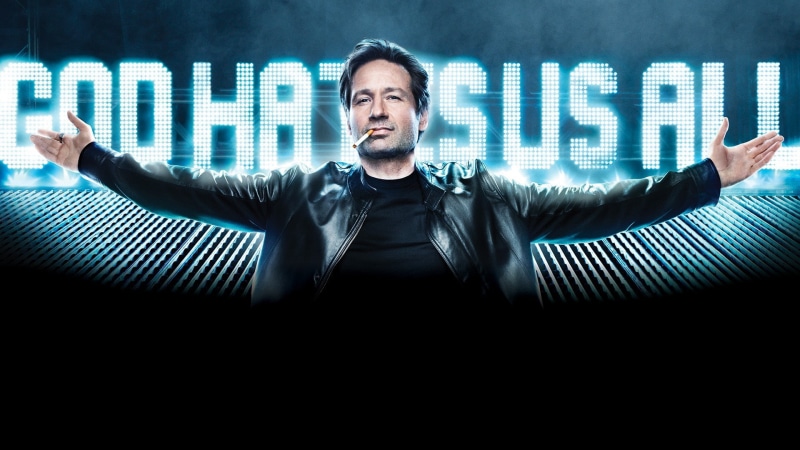 showtime, Californication, communication, portrait, front view, looking, cyan, humor, God hate us all, adult, data, dark, one person, males, leather jackets