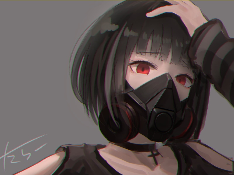 Girl, Oxygen Mask, Anime, Black Hair, Red Eyes, Original, 2K