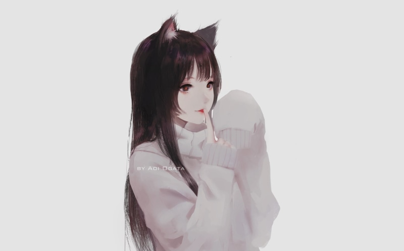anime girls, 1080P, Aoi Ogata, finger on lips, cat ears, simple background, sweater, white background, long hair, digital art