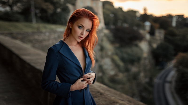 looking at camera, waist up, standing, outdoors, women, hairstyle, young women, dyed red hair, 720P, beautiful woman, women outdoors, coat, Ekaterina Sherzhukova