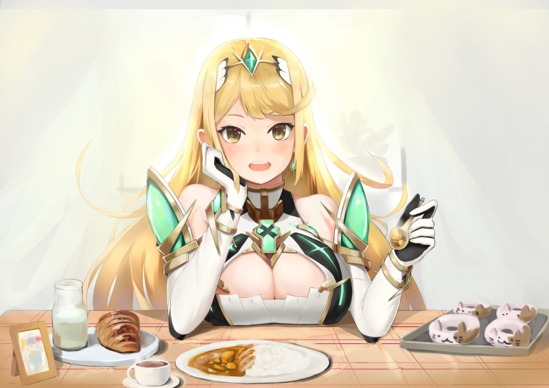 Hikari (Xenoblade Chronicles 2), long hair, headband, blonde, drink, 720P, food, Xenoblade, gloves, cleavage, yellow eyes