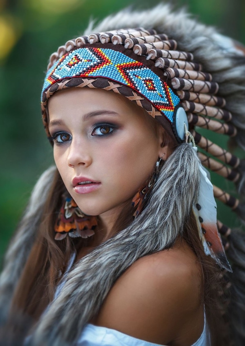 brunette, model, smoky eyes, Native American clothing, long hair, headband, women outdoors, fur, face, portrait display, bare shoulders, 720P, indian hat