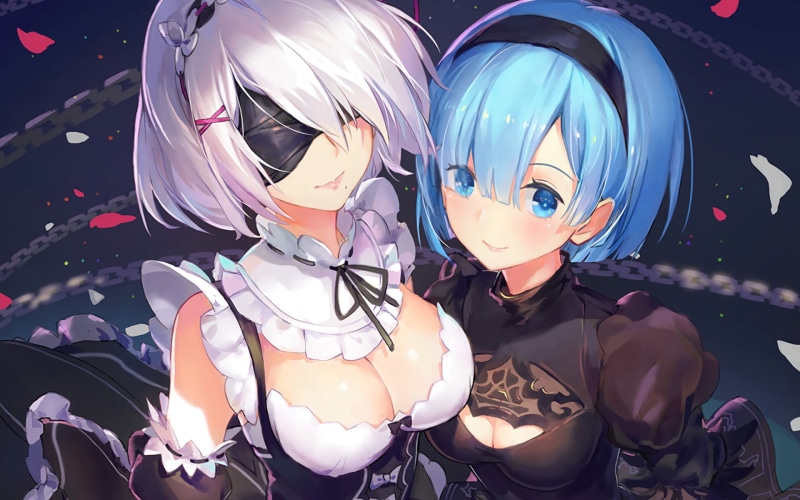 1080P, Blush, Short Hair, YoRHa No.2 Type B, Smile, White Hair, Aqua Eyes, Girl, Rem (Re:ZERO), Headband, Petal, Anime, Maid, Aqua Hair, Crossover, Chain