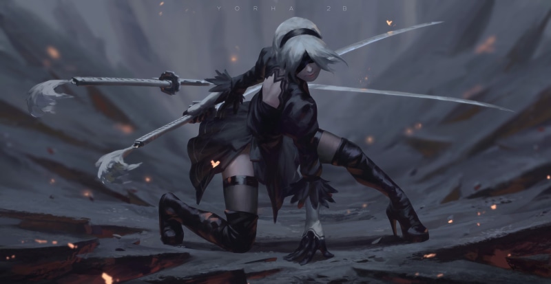 Black Dress, White Hair, 1080P, Thigh Boots, Girl, Thigh Highs, Headband, Short Hair, Sword, Dress, NieR: Automata, Weapon, YoRHa No.2 Type B, Katana
