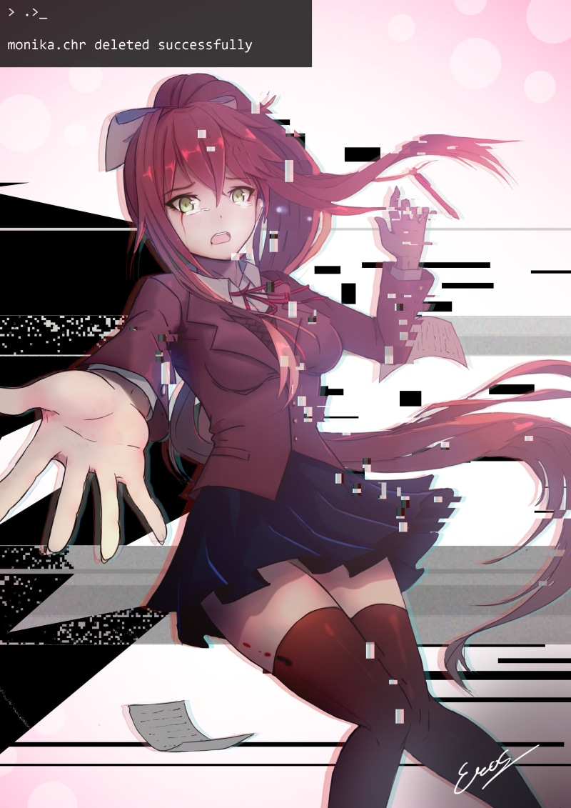 video game characters, digital art, long hair, 2K, fan art, video games, looking at viewer, crying, Doki Doki Literature Club, Monika (Doki Doki Literature Club)