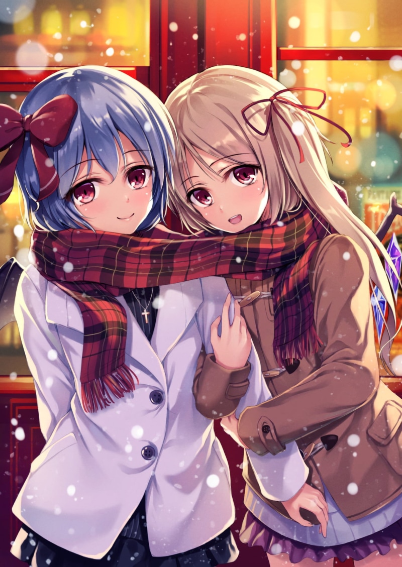 short hair, young adult, 720P, skirt, outdoors, red eyes, Touhou, leisure activity, female, illustration, Flandre Scarlet, long hair, Remilia Scarlet