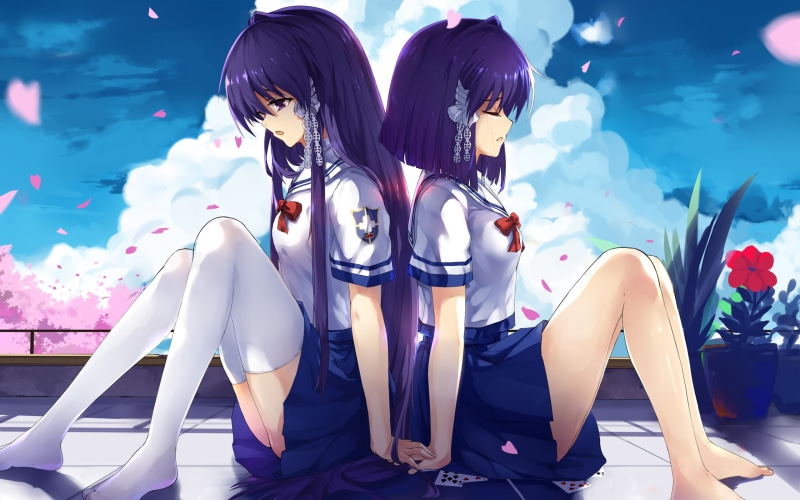 bonding, front view, purple, full length, leisure activity, school uniform, adult, Clannad, lifestyles, friendship, flowers, festival, Fujibayashi Kyou