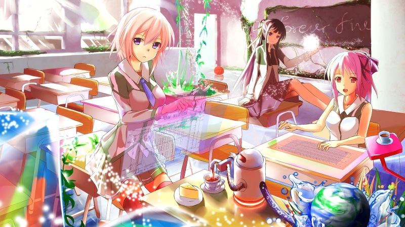 original characters, open mouth, red eyes, pink hair, short hair, anime girls, 1080P, sitting, school uniform, anime, classroom, brunette
